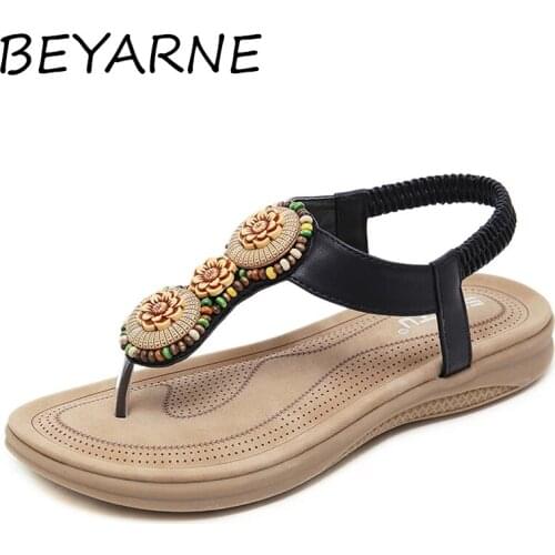 BEYARNESummer Shoes for Women Ethnic Style Travel Retro Sandals Women String Bead Breathable Beach Flat Sandals