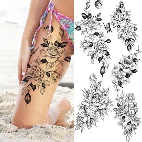 Large Rose Flower Thigh Butterfly Temporary Tattoos For Women Adult Peony Daisy Fake Tattoo Body Art Transfer Tatoos Sticker