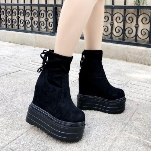 2019 Elastic Womens Boots 13Cm Thick-Sole Within Increase Martin Boots Plus Velvet Warm Cotton Boots Wedges Middle Tube Boots 39