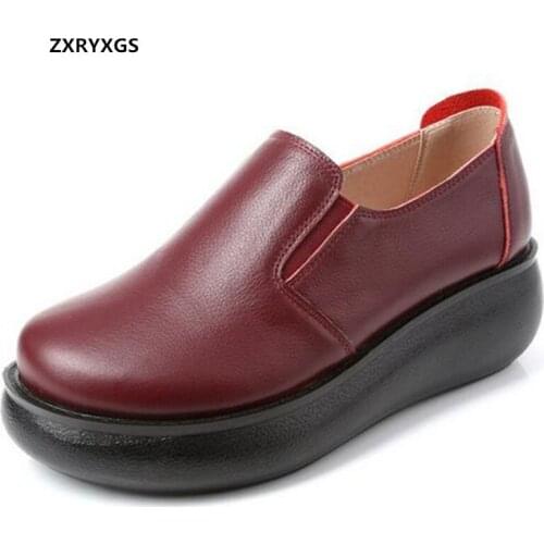 2021 New Spring Loose Comfortable Top Cowhide Leather Shoes Platform Wedge Heel Heighten Shoes Women High Heel Shoes Plus Size