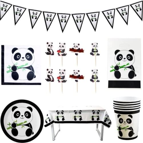 85pcs/lot Cute Panda Theme Decorate Tablecloth Cupcake Toppers Birthday Party Napkins Plates Cups Kids Favors Loot Gifts Bags