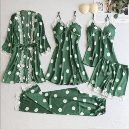 Satin Pajamas Set for Women Elegant 5PCS Sleepwear Brand Female Sexy Lingerie Lace Top Silk Pajamas Set pyjama femme