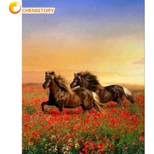 CHENISTORY Oil Picture By Numbers Kits For Adults Two Black Horse Run In Flower Painting By Number 40x50cm Framed Wall Decoratio