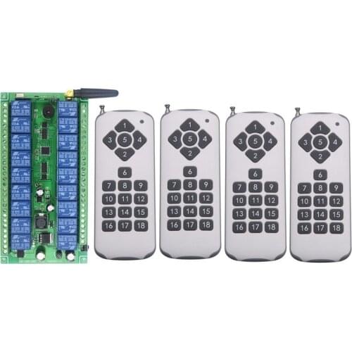 DC12V DC24V 18CH RF Wireless Remote Control Switch System,4pcs Transmitter + Receiver + antenna Jog Self-lock Inter-lock