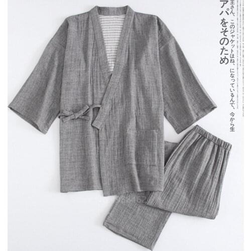 Japanese Style Kimono Top Pants Cotton Pajama Women Men Couple Breathable Homewear Fashion Thin Spa Linen Yukata Solid Sleepwear