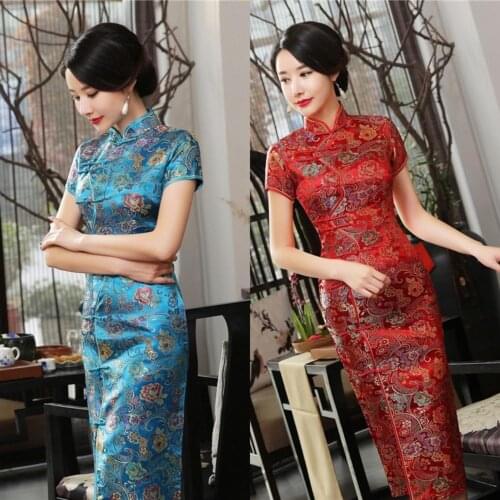 2020 Classic Modified Brocade Cheongsam Middle-Aged Elderly Long Cheongsam Improved Retro Catwalk Show Modern Qipao Dress