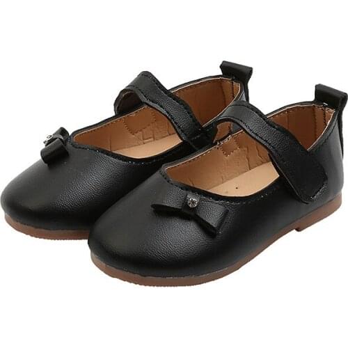 Girls Leather Shoes Kids Flats Black Party Shoes Soft Children Princess Shoes For Little Girl Toddlers Bowtie With Rhinestone