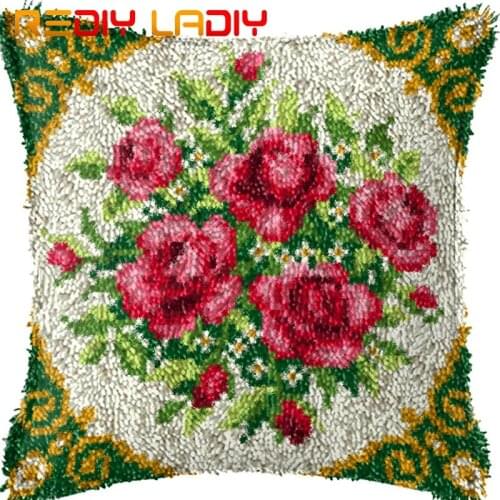 Latch Hook Cushion Bouquet of Flwoers Printed Canvas Cushion Cover Acrylic Yarn Crochet Pillow Case Kit Hobby & Craft Home Decor