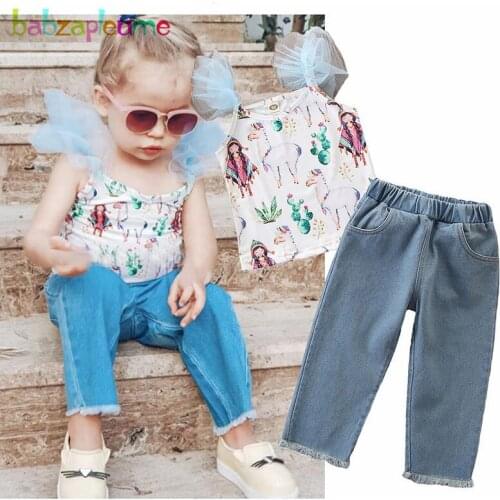 2Piece/2-6Years/Baby Summer Clothes Girls Boutique Outfits Cartoon Cute Sleeveless Vest+Loose Jeans Children Clothing Set BC1437