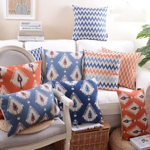 Linen Pillow Cover Home decorative Cushion Cover Ikat Blue RedOrange Zigzag Dots Abstract Geometric Pillow Case 45cm*45cm