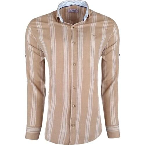 Kulemoda Cotton and Stitched Pinstripe Slim Fit Brown Mens Shirt With Button Closure