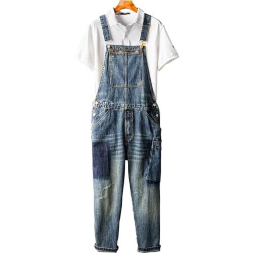 Mens Big Pockets Vintage Blue Denim Bib Overalls Patch Design Patchwork Cargo Jeans Jumpsuits