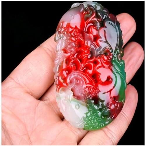 Jade fish sweater chain pendant gold silk jade goldfish pendant color jade red green white purple double-sided hollow jade brand