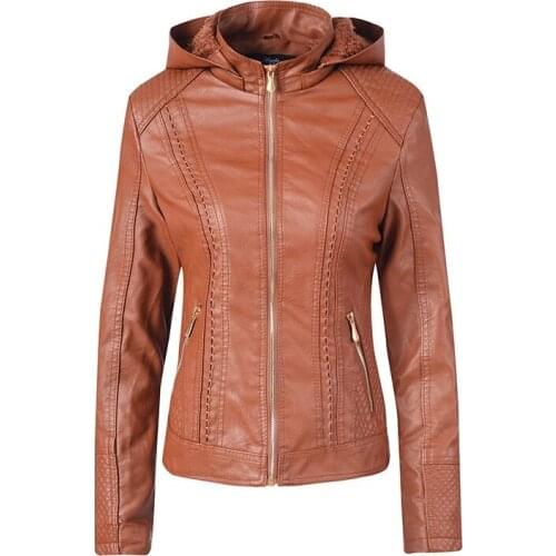 Autumn Winter Fleece PU Leather Jacket Women Hooded Fur Liner Warm Windbreaker Leather Coat Femme Slim Fit Short Biker Jackets