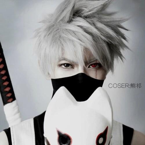 NARUTO Hatake Kakashi Silver Grey Short Cosplay Wig Synthetic Hair Halloween Costume Party Wigs + Wig Cap