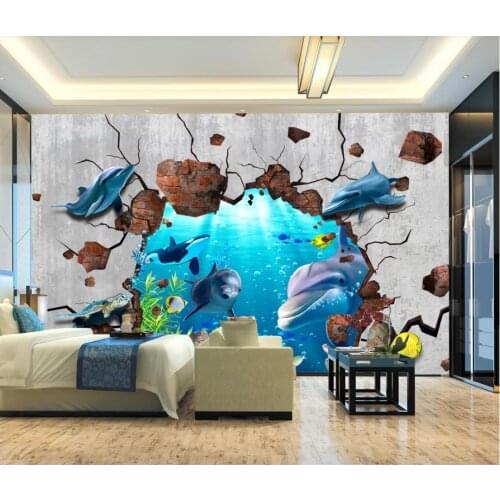 Custom photo wallpaper 3d mural wallpaper for walls 3 d Modern underwater world dolphin brick wall background wall papers decor