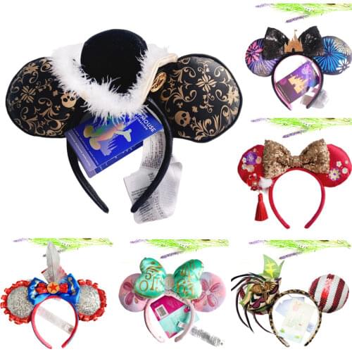 Disney New Rainbow Minnie Ear Headband Monkey King Hair Hoop Fish scale sequin mesh Ribbon Party Headwear Girl Toy Birthday Gift