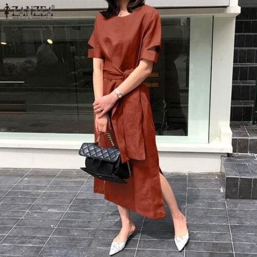 Plus Size Womens Summer Sundress ZANZEA 2021 Fashion Split Dress Short Sleeve Mid-Calf Vestidos Female Casual Solid Robe Belted