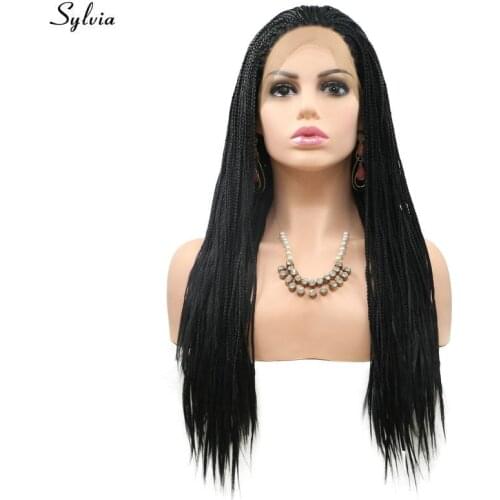 Sylvia Black Afro America Box Braided Synthetic Hair for Women Handmade Braids Natural Hairline Heat Resistant Wig Party Hair