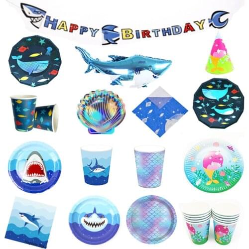 Blue Shark Theme Disposable Birthday Party Tableware Supplies Paper Plates Cups Balloon Baby Shower Decor Wedding Event Party
