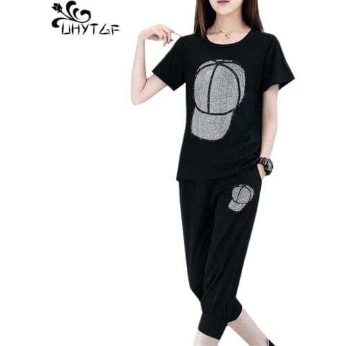 UHYTGF Summer Top For Women Clothes Thin Two Piece Set 5XL Plus Size Tracksuit Female Casual Suit Ladies Fashion Diamond Hat 287
