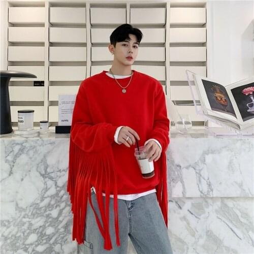 Men Long Tassle Pullover Sweatshirts Male Women Hip Hop Streetwear Casual Black Red Hoodie Stage Show Clothing