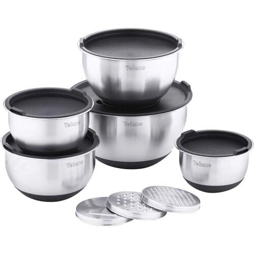 Velaze Set of 5 Stainless Steel Non-Slip Salad Mixing Bowl with Grater and Lids for Baking,Making & Storage(1L,1.5L,2L,3L,5L)