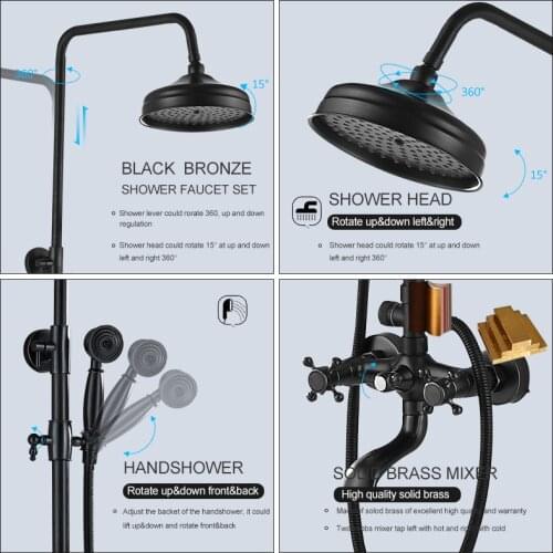 Vidric Vidric Bronze Black Shower Faucet Set Brass Rain Shower Head 3-way Mixer Tap Dual Handles Mixer Tap Bathtub Shower Faucet