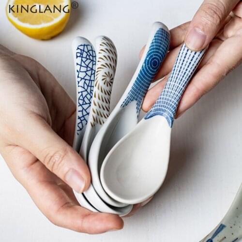 KINGLANG 2pcs Japanese Soup Spoons Ceramic Rice Spoon Eat Drink Soup
