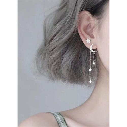 925 Sterling Silver Asymmetry Tassel Star Moon Drop Earring for Women Pendientes femme Accessories eh384