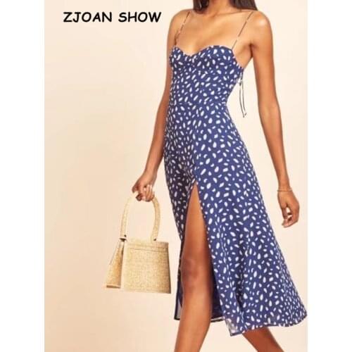 2021 French Style Navy White Dot Print Adjust Spaghetti Strap Dress Retro Sexy Women Sling Slit Dresses Holiday Robe