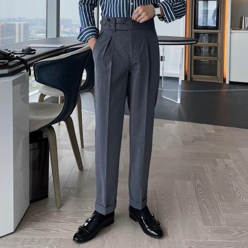 2021 Autumn Business Dress Pants Men High Waist Paris Button Office Social Suit Pants Temperament Wedding Casual Slim Trousers