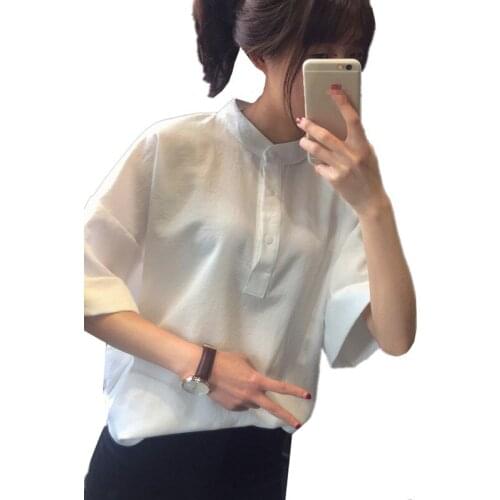B2640 Spring and summer 2021 new womens wear fashion small fresh loose thin pure color white short sleeve shirt cheap wholesale