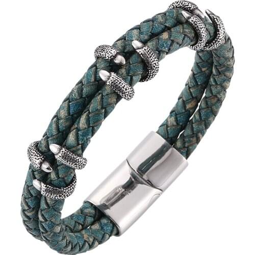 New Design Women Jewelry Men Braided Leather Bracelet Female Dragon Claw Stainless Steel Magnetic Clasp Male Bangles PD0249GR