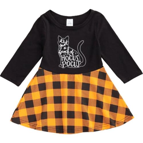 1-6 Years Kids Baby Girls Long Sleeve Cat Print Dress Kids Girls Fashion Dress for Halloween Party Baby Wear