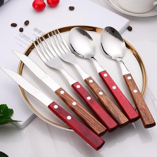 European-Style Red Wooden Handle Stainless Steel Tableware Knife Fork Spoon Hotel Western Steak Knife Fork Cake Fork Knife