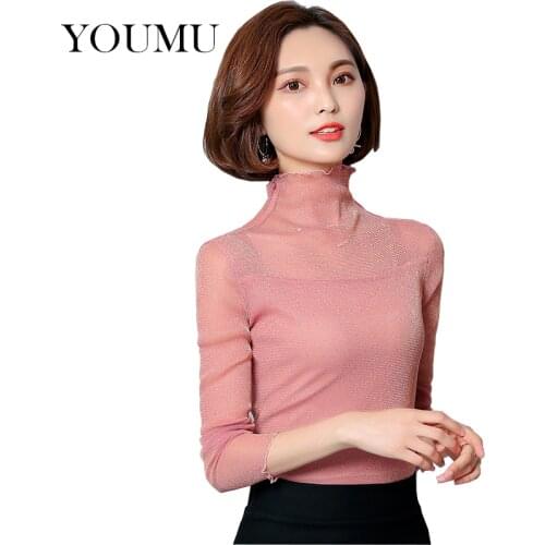 Women Mesh Glitter T-Shirts Office Lady Full Sleeve TurtleNeck Slim Fashion Sexy Solid T-Shirts Undershirt OL Tops 914-008