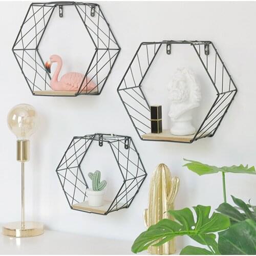 Wrought Iron Hexagonal Grid Wall Shelf Combination Wall Hanging Living Room Bedroom Geometric Drawing Wall Decoration Rack Shelf