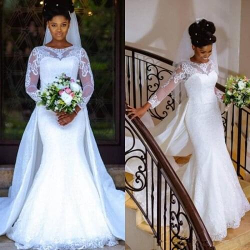 Autumn Country Lace Mermaid Wedding Dresses Long Sleeves Detachable Train Jewel Neck Elegant White African Nigerian Bridal Gowns