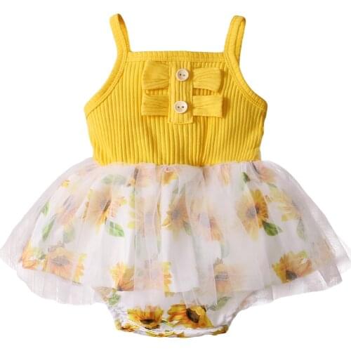 Summer Infant Baby Girl Sunflower Print Bodysuit Dress Cute Sleeveless Straps Tulle Tutu Jumpsuit for Baby Girl 0-18 Months