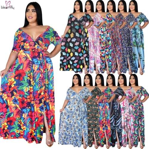 Flower Print Summer Long Maxi Dress Women Casual Short Sleeve Plus Size Sexy V-neck Split Dresses A-Line Ruffles Robe Femme 5XL
