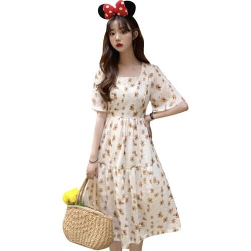 Square Collar Floral Summer Dress Female Tide Print Fashion Midi Dress For Girls Student Casual Slim Elastic Waist Vestidos f801