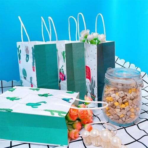10pcs Multifunction soft color paper bag with handles 21x15x8cm Festival gift bag shopping bags kraft paper Cactus green