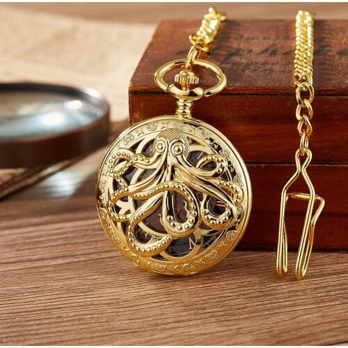 Fashion Gold Octopus Mechanical Pocket Watch Hollow Half Hunter Steampunk Pocket Watches with Chain for Men Women