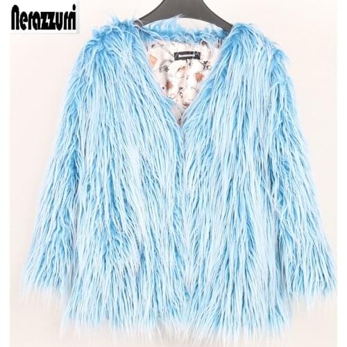 Nerazzurri Fluffy faux fur coat women winter streetwear v neck blue Fashion colored short fake fur jacket big size outerwear 5xl