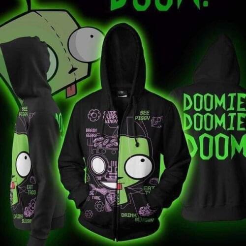 Anime 2020 New Style Invader Alien Zim Hoodie Casual Cosplay Movie Hoodie Sweatshirts 3D Men Zipper Cardigan Coat
