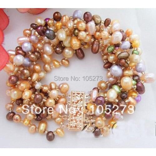 New Arriver Chirstmas Jewellery ! Stunning AA4-7MM 8Row Multicolor Potato Genuine Freshwater Pearls Bracelet 8inch Free Shipping