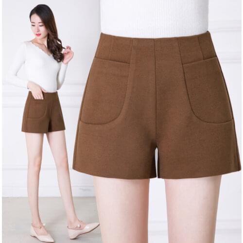 Fall Winter Fashion Women Lady High Waisted Wide Leg Brown Wool Shorts , 2018 Autumn Female Woman Slim Woolen Shorts