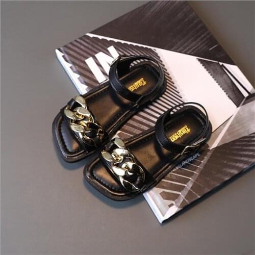 Cool Girls Sandals 2021 Summer New Kids Open Toe Beach Shoes Metal Chain Childrens Fashion Simple Princess Shoes 5-9 Years Old