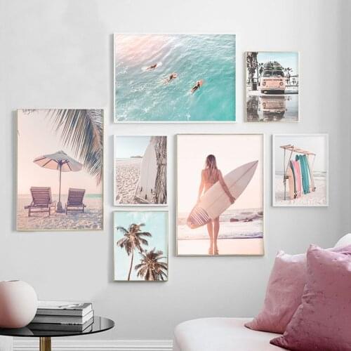 Landscape Wall Pictures Sunny Beach Bus Surf Palm Trees Wall Art Canvas Painting Nordic Posters and Prints for Living Room Decor